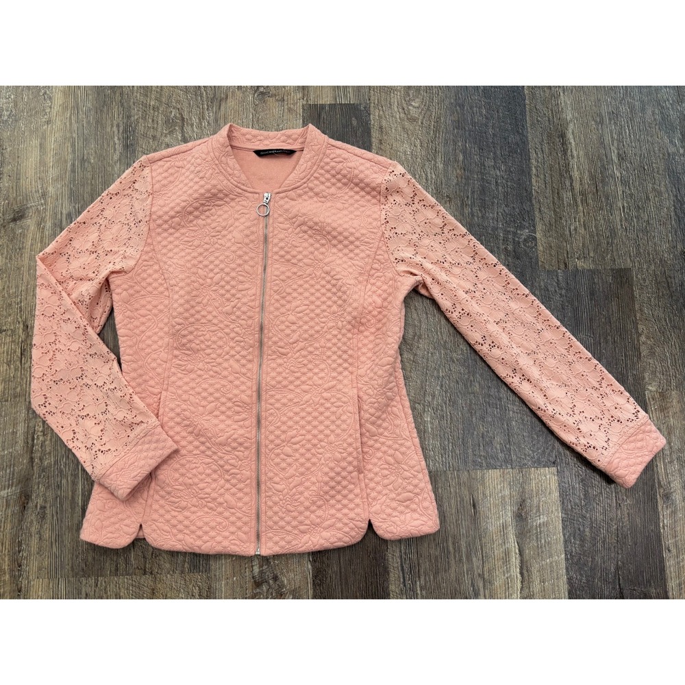 Isaac Mizrahi Live Womens Peach Pink Quilted Floral Lace Sleeve Zip Jacket XS
